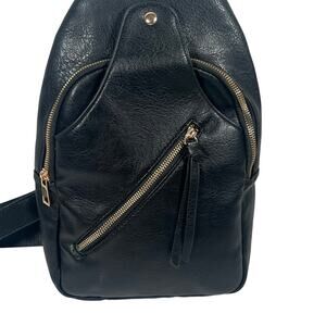 Black Faux Leather Crossbody Sling Bag Adj Strap Snap Zippered Open Storage